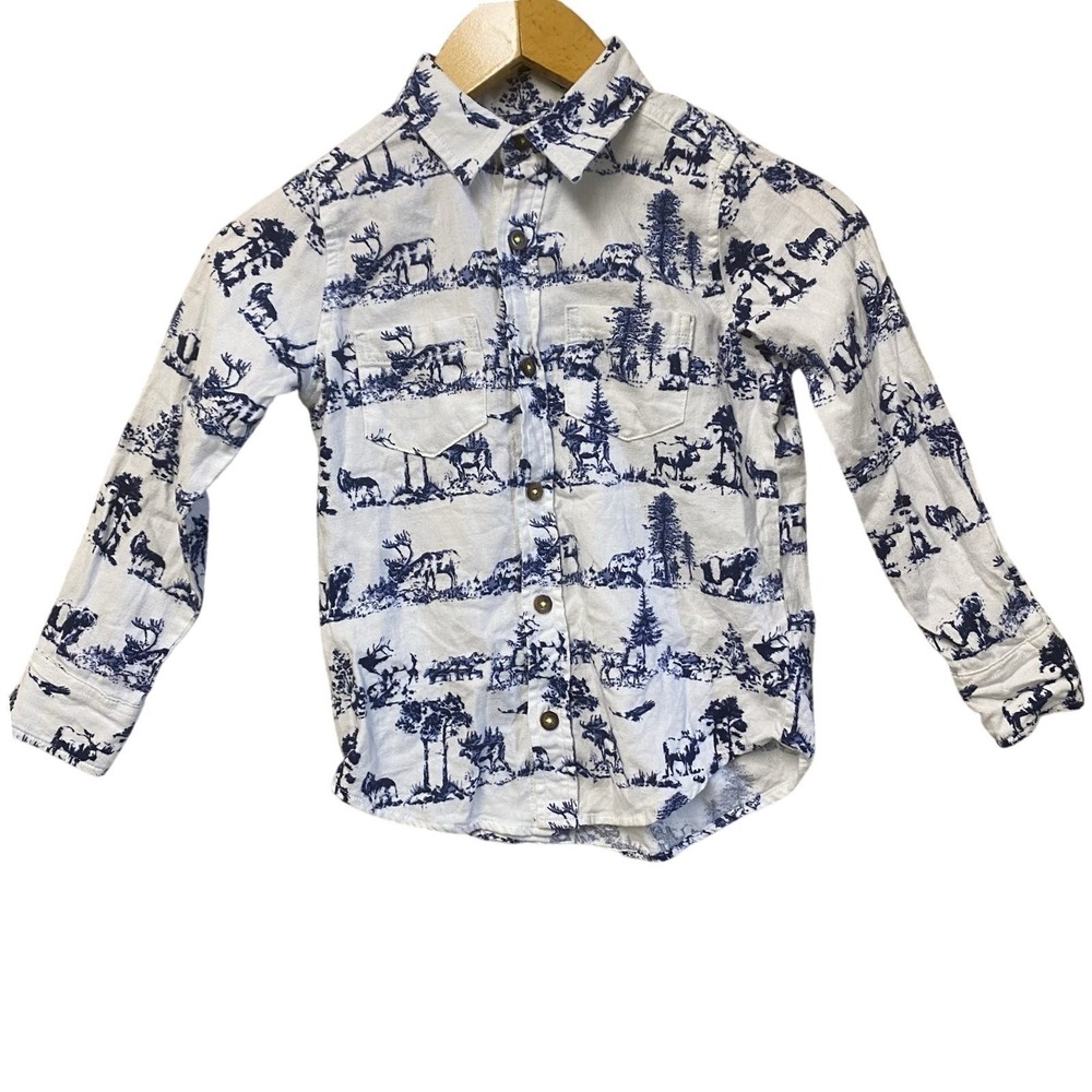 Lands' End Flannel‎ Shirt Kids XS 4-5 Blue White Wildlife Toile Moose Outdoors